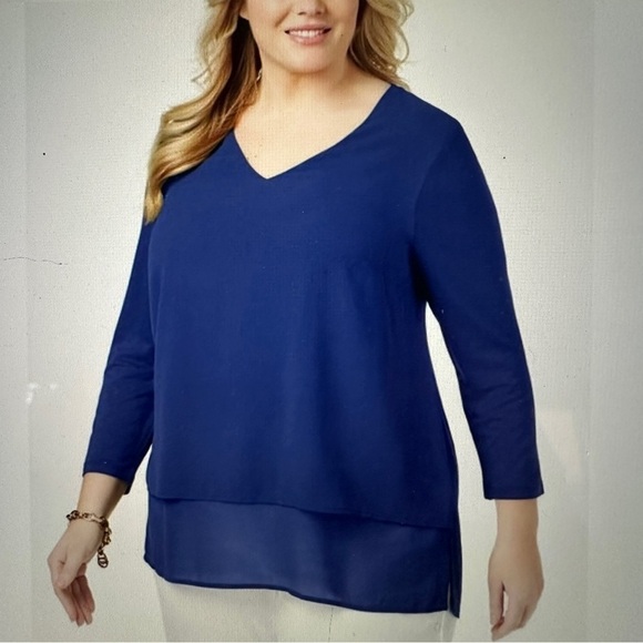 Michael Kors size L navy blue v-neck pullover tunic top, layered chiffon, flowy - Picture 12 of 12